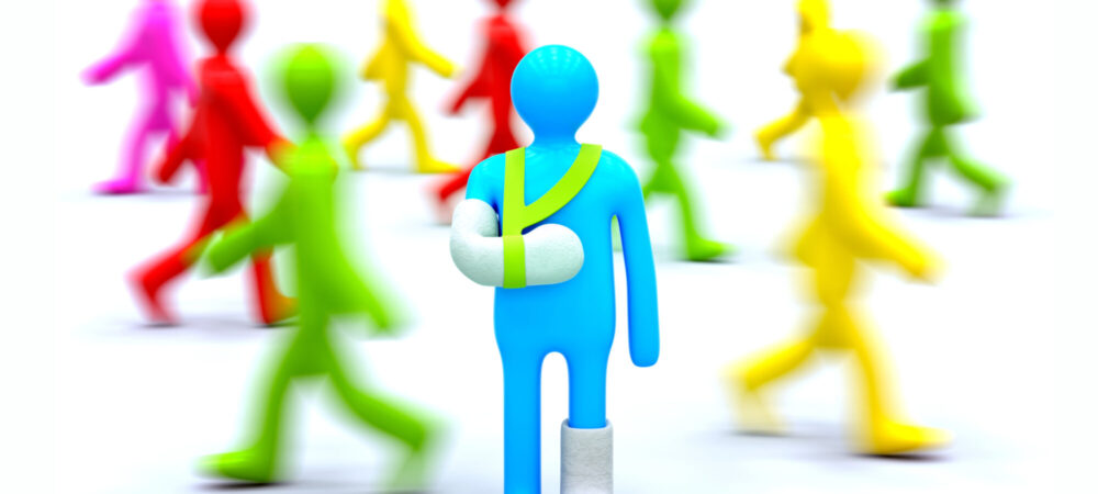 Injured,Man,In,Front,Of,Healthy,And,Active,Walking,People. Rehabilitering och anpassning