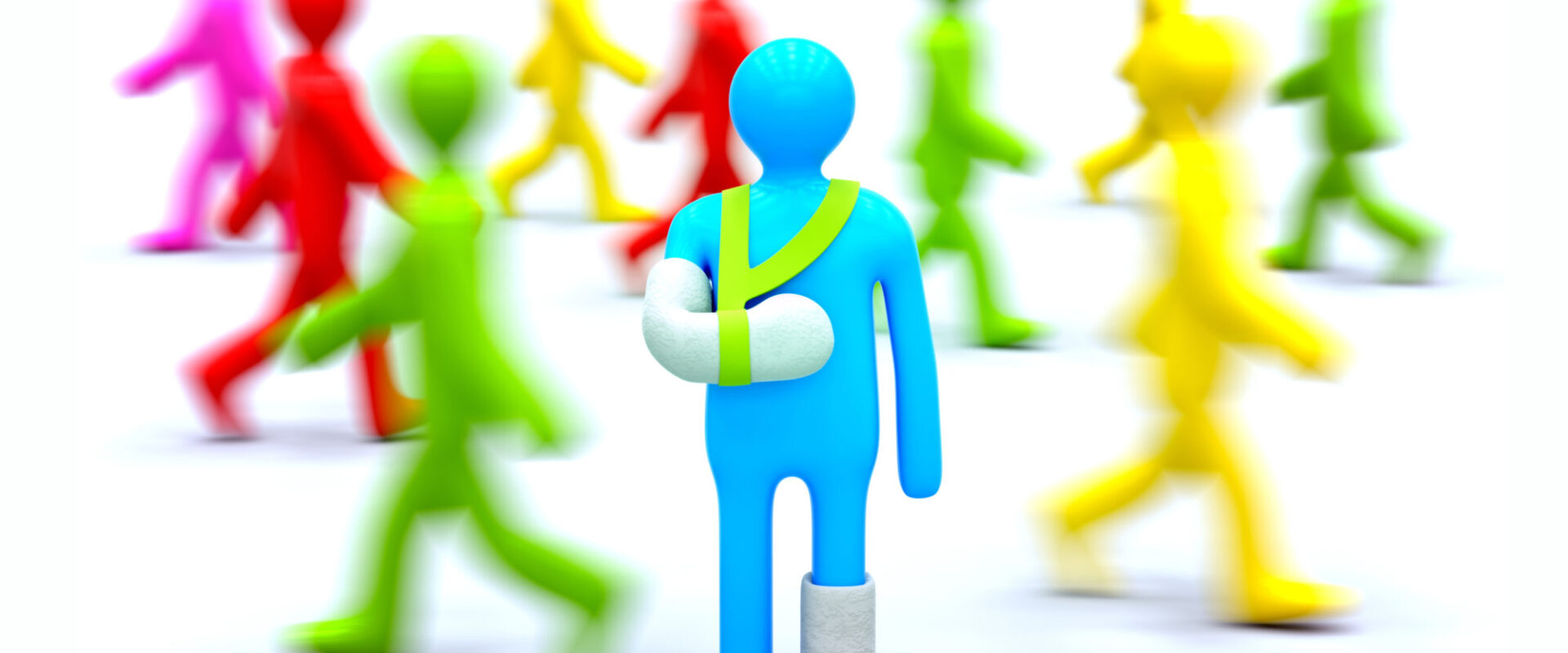 Injured,Man,In,Front,Of,Healthy,And,Active,Walking,People. Rehabilitering och anpassning